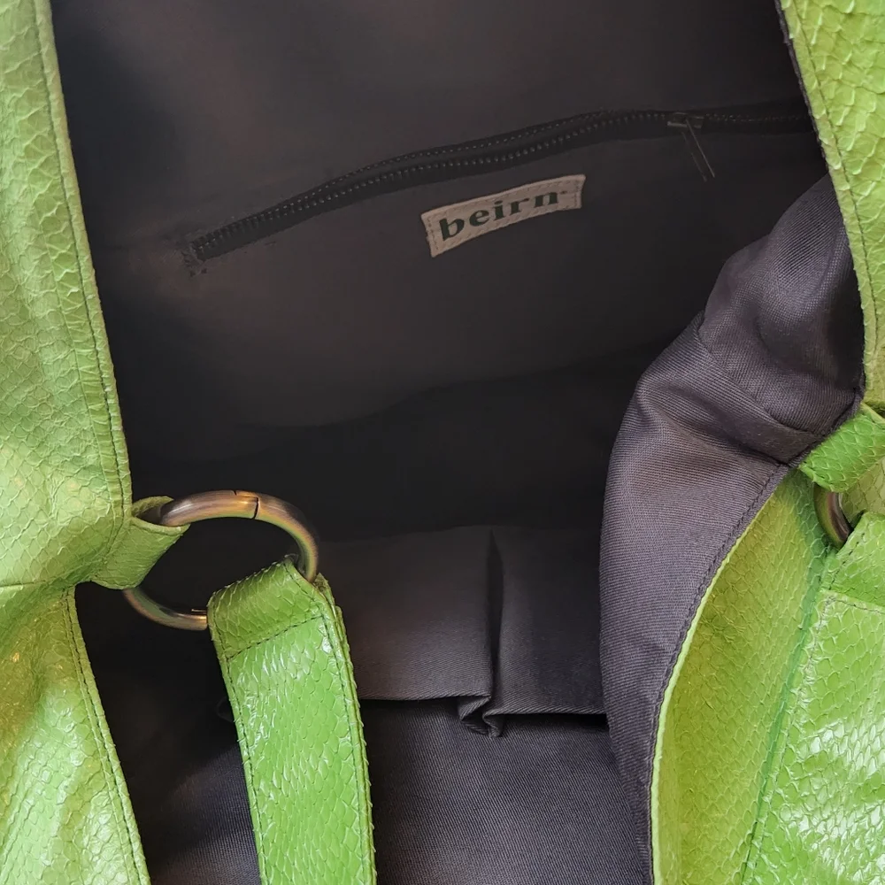 Beirn Snakeskin Tote Bag Purse Green Excellent Condition Hardware Retail $450